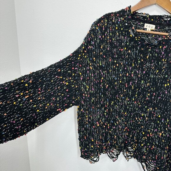 POL Women's Size Large Sweater Black Chenille Loose Knit Speckle Frayed Boho - Picture 3 of 6